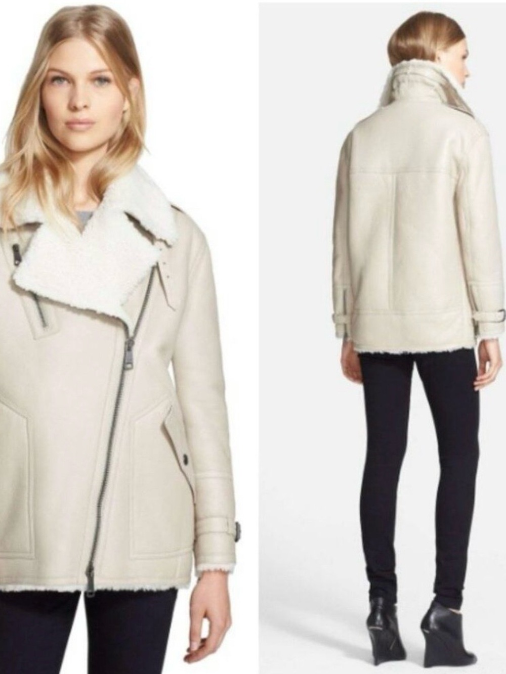Burberry Brit Oversized Genuine Shearling Moto Coat Jacket Nude Beige